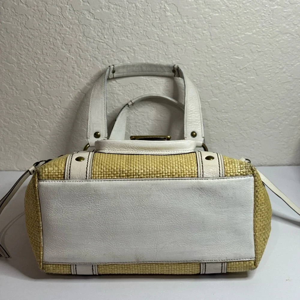 Vintage Y2K COACH White Leather Trim Tote Handbag LEGACY w Natural Straw Purse